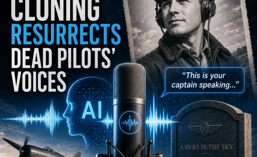 AI voice cloning recreates the voices of deceased pilots for a memorial display.