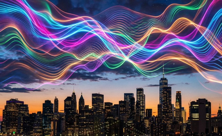 City skyline at dusk with colorful digital light waves above