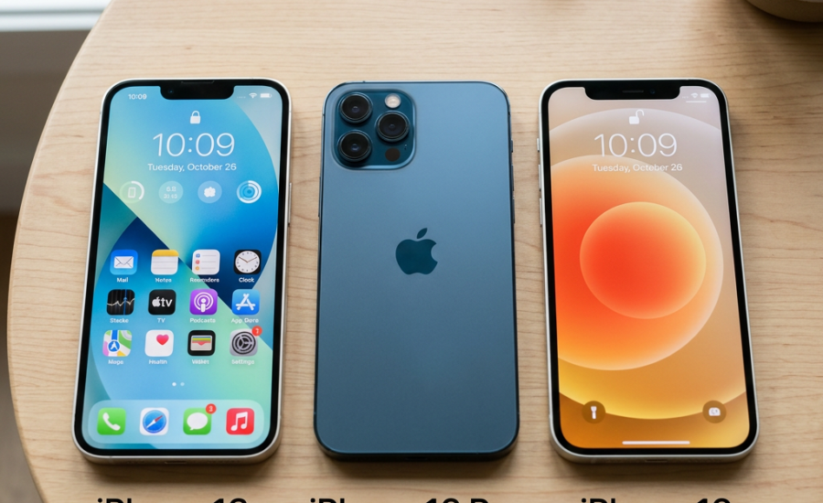 iPhone 13 (left), iPhone 12 Pro (center), and iPhone 12 (right) placed on a wooden table