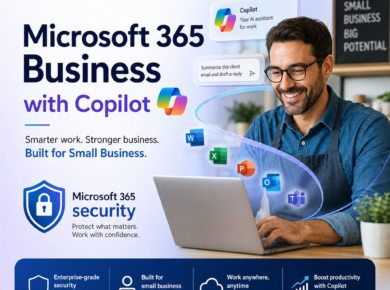 Microsoft 365 Business with Copilot branding on a blue background, promoting productivity and security for small businesses