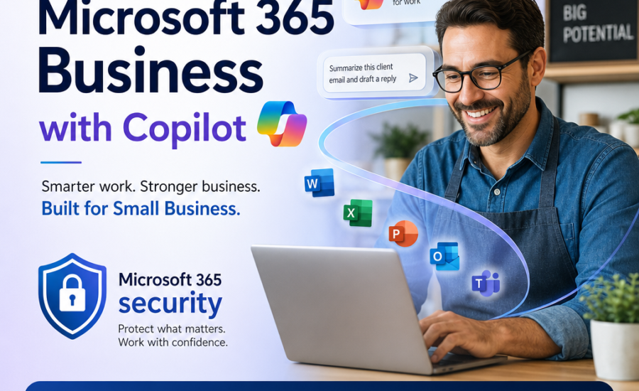 Microsoft 365 Business with Copilot branding on a blue background, promoting productivity and security for small businesses