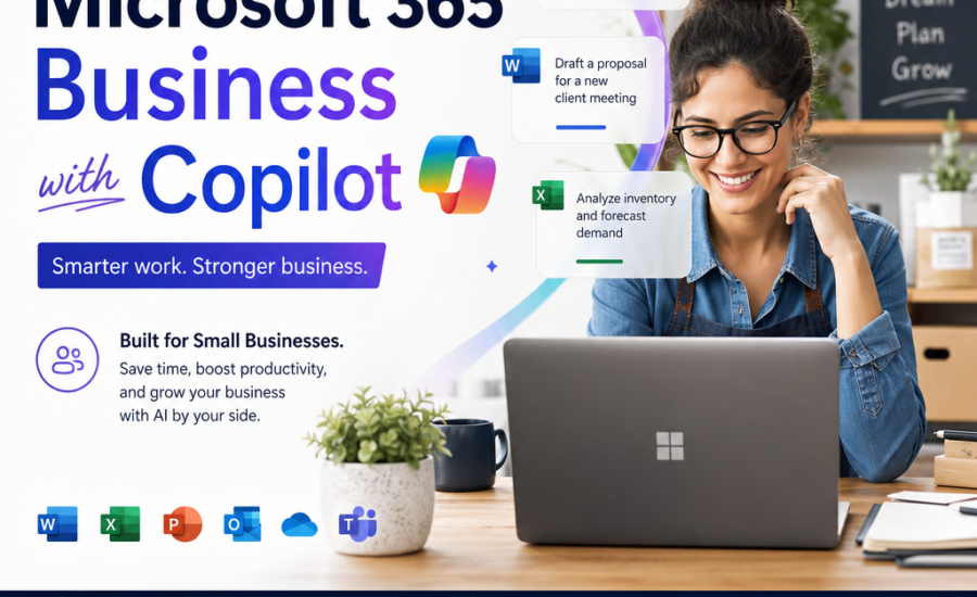 Microsoft 365 Business with Copilot shown as an AI productivity tool for small businesses.