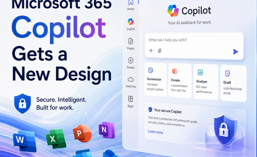 Banner announcing Microsoft 365 Copilot's new design with a 3D UI mockup and colorful app icons on a blue gradient background.