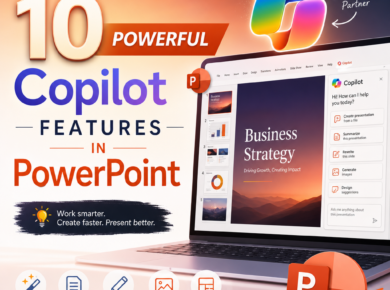 Infographic of 10 Copilot features in PowerPoint for creating and designing presentations.