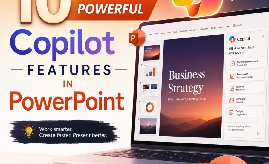 Infographic of 10 Copilot features in PowerPoint for creating and designing presentations.