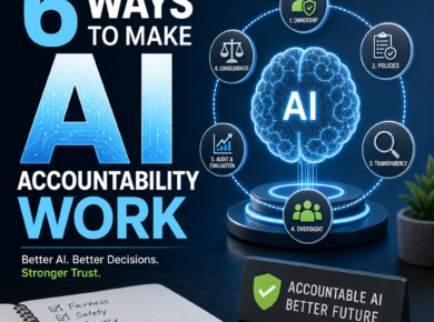 Infographic showing 6 ways to make AI accountability work for better decisions and stronger trust