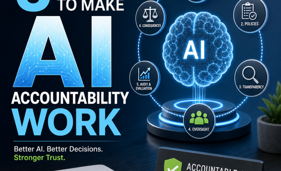 Infographic showing 6 ways to make AI accountability work for better decisions and stronger trust