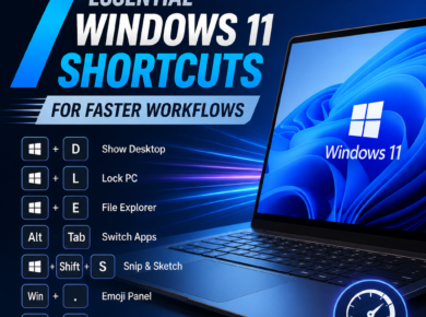 Windows 11 shortcut cheat sheet showing seven keyboard shortcuts for faster workflows and productivity