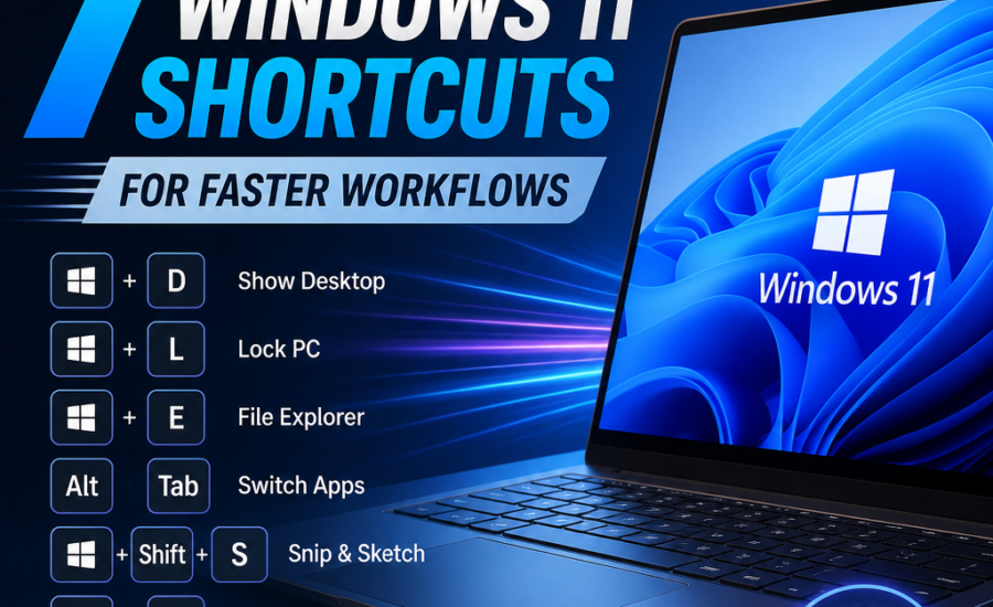Windows 11 shortcut cheat sheet showing seven keyboard shortcuts for faster workflows and productivity