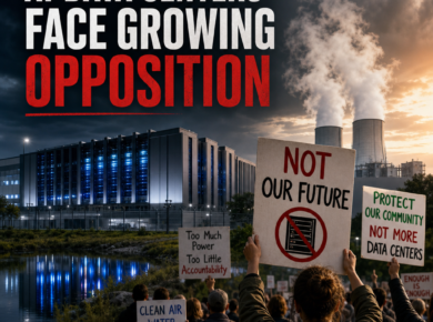 Protesters rally with signs against AI data centers over environmental and community concerns