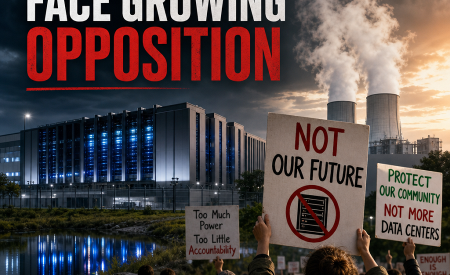 Protesters rally with signs against AI data centers over environmental and community concerns