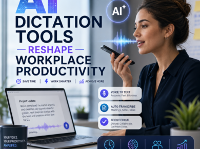 Illustration of AI dictation tools improving workplace productivity with voice-to-text and transcription features