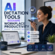 Illustration of AI dictation tools improving workplace productivity with voice-to-text and transcription features