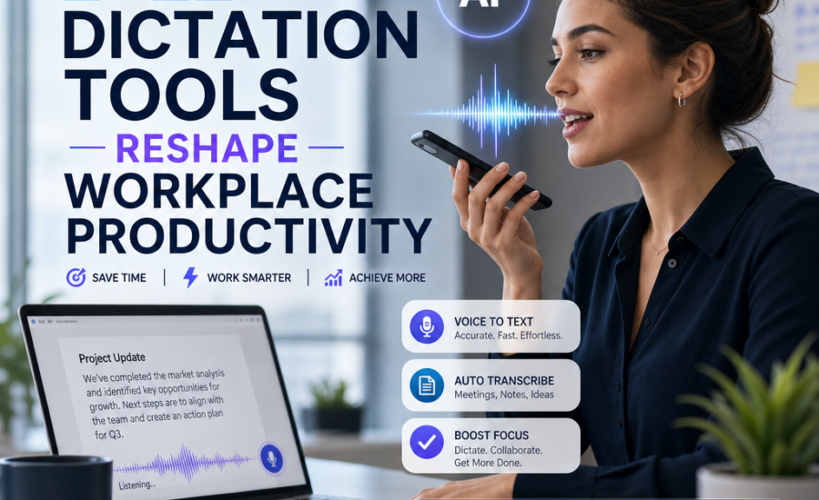 Illustration of AI dictation tools improving workplace productivity with voice-to-text and transcription features