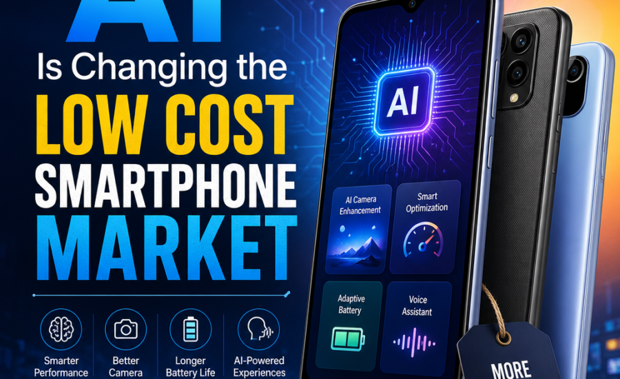 Conceptual image of AI transforming low-cost smartphones with smarter performance and advanced features