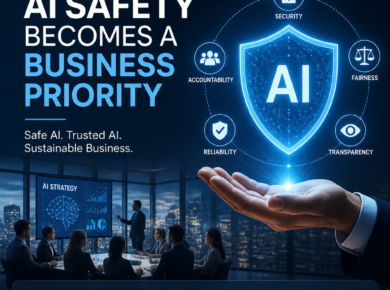 AI safety as a business priority, with icons for security, accountability, fairness, reliability, and transparency