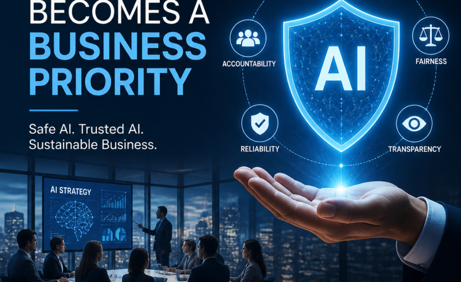 AI safety as a business priority, with icons for security, accountability, fairness, reliability, and transparency