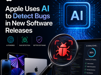 Illustration of Apple using AI to detect bugs in new software releases and improve software quality