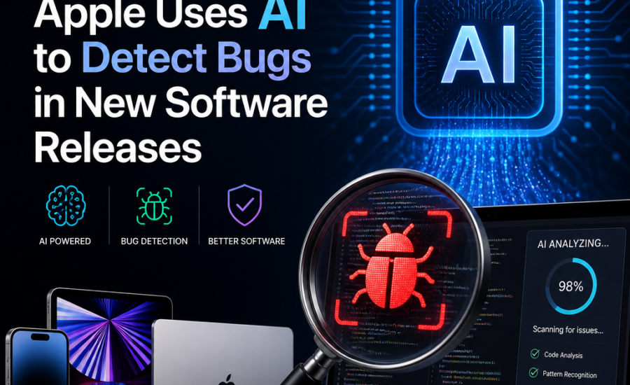 Illustration of Apple using AI to detect bugs in new software releases and improve software quality