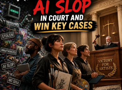 Artists in court, united against AI content misuse, celebrating a legal victory for creative rights
