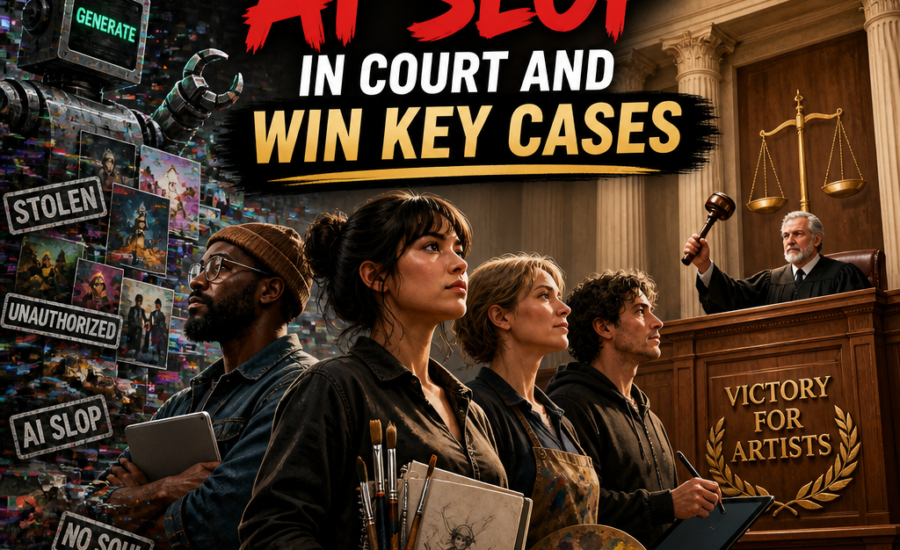 Artists in court, united against AI content misuse, celebrating a legal victory for creative rights