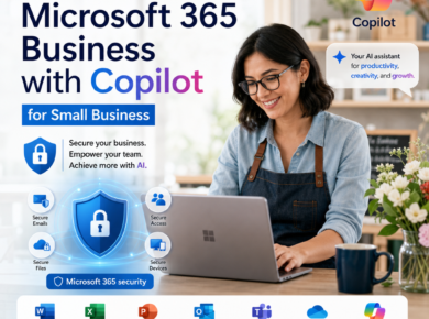 Microsoft 365 Business with Copilot for small businesses, showing AI-powered productivity and teamwork tools