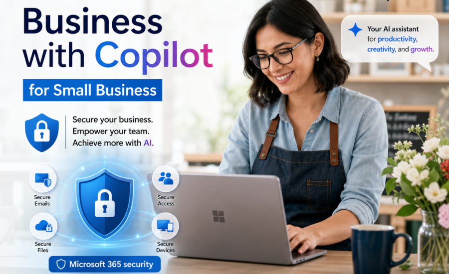 Microsoft 365 Business with Copilot for small businesses, showing AI-powered productivity and teamwork tools