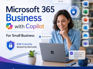 Microsoft 365 Business with Copilot logo on a blue background with small business security and productivity messaging