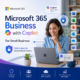 Microsoft 365 Business with Copilot logo on a blue background with small business security and productivity messaging