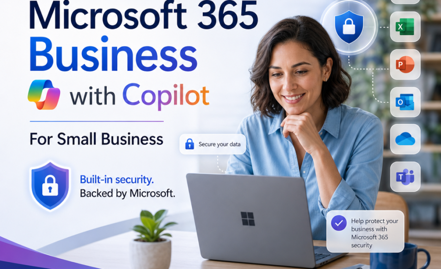 Microsoft 365 Business with Copilot logo on a blue background with small business security and productivity messaging