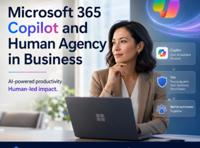 Illustration of Microsoft 365 Copilot supporting business work with AI and human decision-making