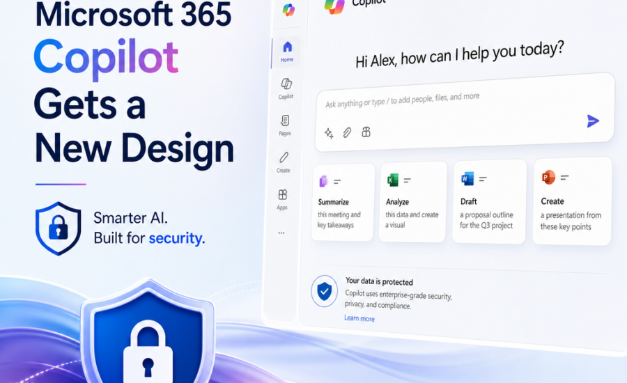 Microsoft 365 Copilot interface with new design and AI-powered security features
