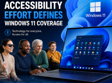 Windows 11 accessibility features shown in a colorful Microsoft-style infographic