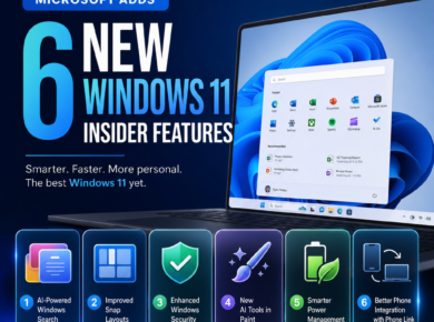 Windows 11 announcement graphic about six new Insider features, including AI search, Paint tools, security, and phone integra