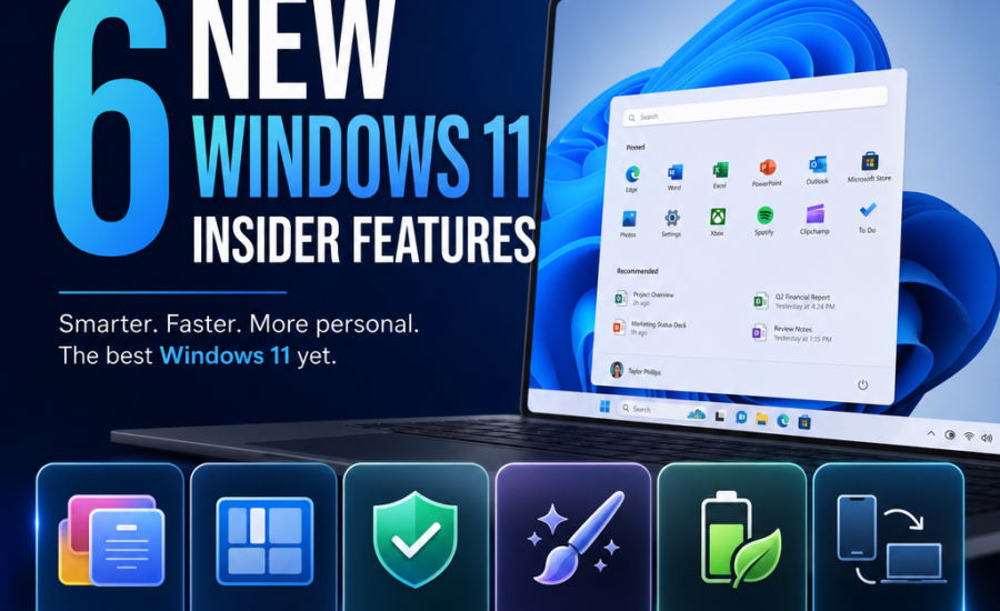 Windows 11 announcement graphic about six new Insider features, including AI search, Paint tools, security, and phone integra