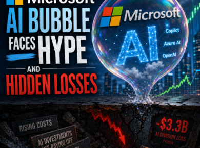 Illustration of the Microsoft AI bubble with smiling faces, highlighting hype, hidden losses, and rising AI costs