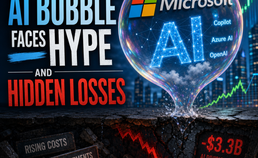 Illustration of the Microsoft AI bubble with smiling faces, highlighting hype, hidden losses, and rising AI costs