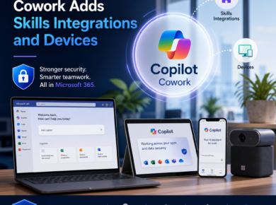 Microsoft Copilot Cowork interface highlighting skills integrations, device compatibility, and Microsoft 365 security feature
