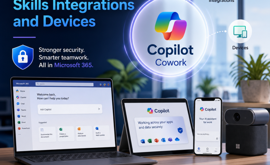 Microsoft Copilot Cowork interface highlighting skills integrations, device compatibility, and Microsoft 365 security feature