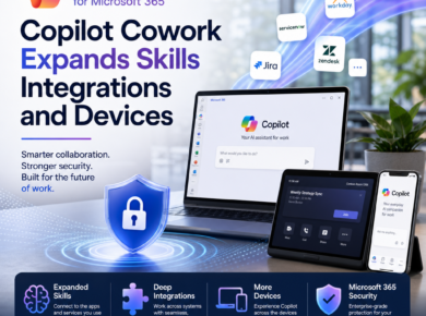 Microsoft Copilot Cowork interface highlighting skills, integrations, and device security features in Microsoft 365