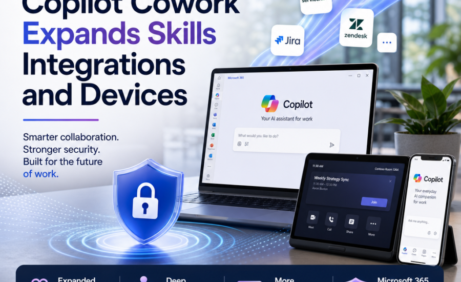 Microsoft Copilot Cowork interface highlighting skills, integrations, and device security features in Microsoft 365