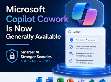 Microsoft Copilot cowork logo with text about general availability and Microsoft 365 AI and security features