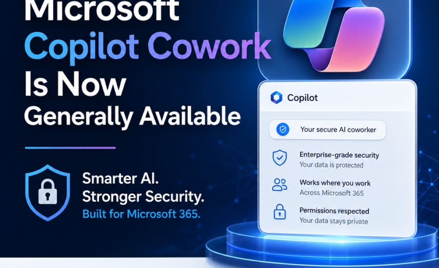 Microsoft Copilot cowork logo with text about general availability and Microsoft 365 AI and security features