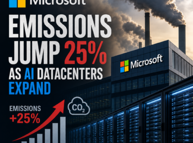 Chart showing Microsoft carbon emissions rising 25% from 2020 to 2024 as AI datacenters expand