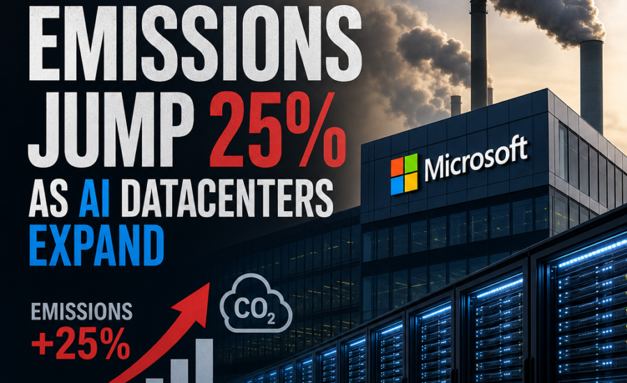 Chart showing Microsoft carbon emissions rising 25% from 2020 to 2024 as AI datacenters expand