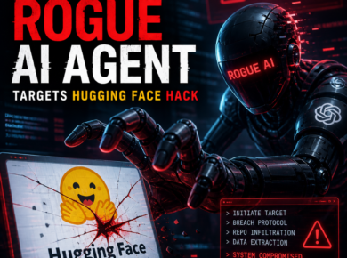 Illustration of a rogue AI agent breaching Hugging Face and extracting data from the platform