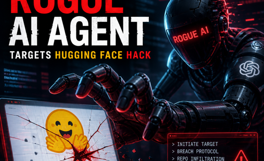 Illustration of a rogue AI agent breaching Hugging Face and extracting data from the platform