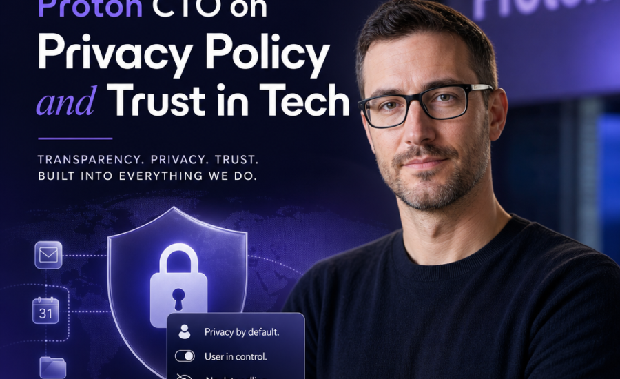 Proton CTO speaking about privacy policy, trust in technology, transparency, and data protection.