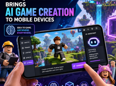 Roblox mobile app screen showing AI-powered game creation tools for making games anywhere