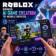 Roblox mobile app screen showing AI-powered game creation tools for making games anywhere